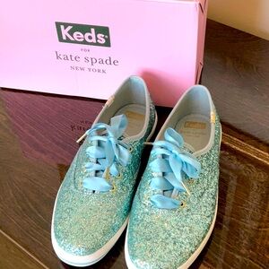 NWOT Keds X Kate Spade Glitter Blue Dressy Sneaker Ribbon Lace Up Size 7